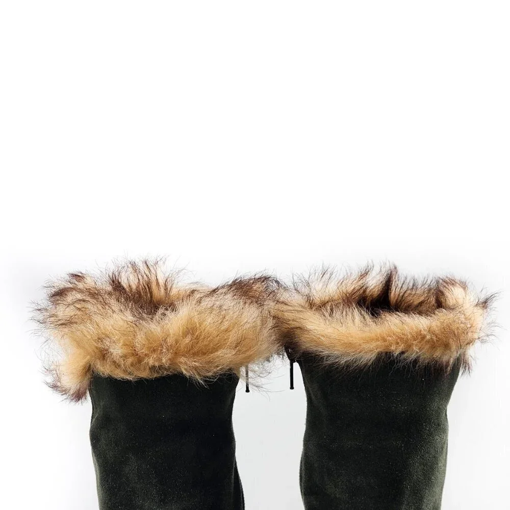 MAXIME‎ Vintage Dark Green Suede Wedge Winter Mid-Calf Boots Fur Trim